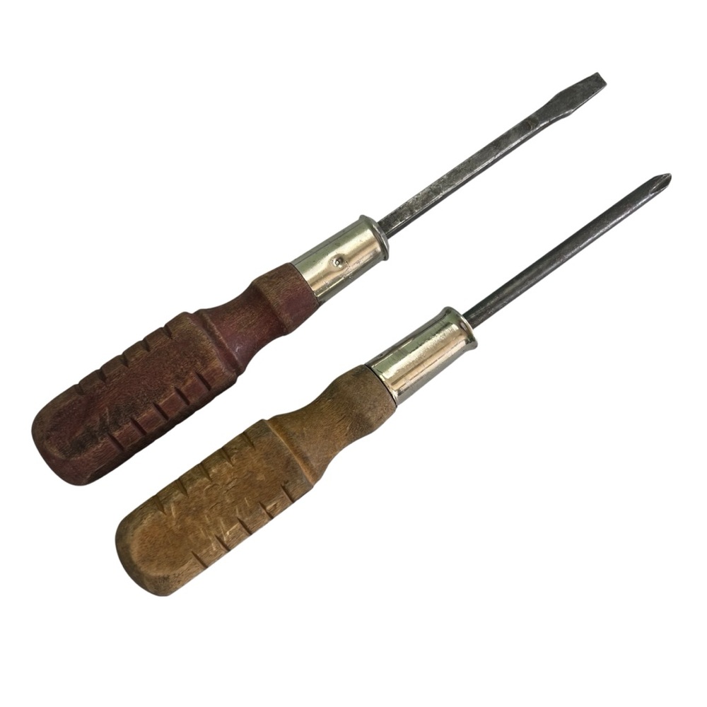 Vintage Wood Handle Screwdriver Set of 2 Flathead and Phillips Tool Tools